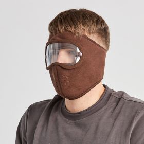 Windproof Face Warm Mask; Winter Ski Breathable Masks Fleece Face Shield Caps With HD Goggles Anti-fog Cycling Balaclava (Color: Coffee)